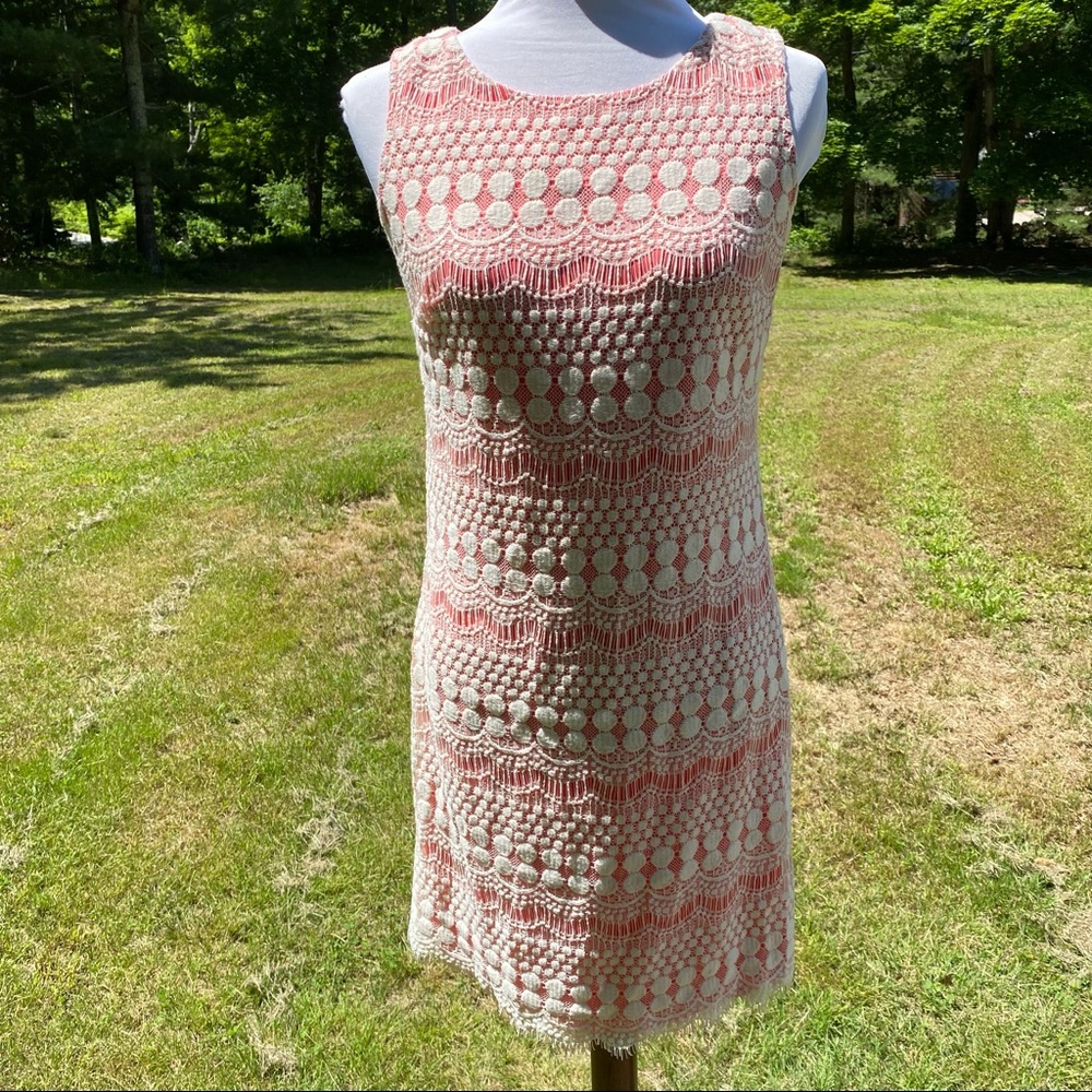 ELIZA J DRESS CREAM LACE SALMON PINK BARBIE CORE SLEEVELESS SHEATH MINI SIZE 2